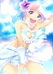 Rule 34 | 1girl, :d, armband, bare shoulders, belt, breasts, cleavage, cleavage cutout, clothing cutout, flower, hair flower, hair ornament, heart, heart cutout, hidaka ai, idolmaster, looking at viewer, medium breasts, midriff, multicolored eyes, multicolored hair, navel, open mouth, riyo (riyontoko), skirt, sleeveless, smile, solo