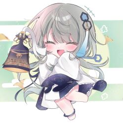 Rule 34 | +++, 1girl, :d, ^ ^, amimia zaxtuta, artist name, bell, blush, chibi, closed eyes, commentary request, dress, egasumi, eyelashes, floating hair, flower (symbol), genshin impact, ginkgo leaf, green background, grey hair, guizhong (genshin impact), hair between eyes, hair ornament, hands up, happy, highres, leaf, leg up, long hair, long sleeves, open mouth, sidelocks, simple background, sleeves past fingers, sleeves past wrists, smile, solo, tassel, tassel hair ornament, very long hair, very long sleeves, white background, white dress, wide sleeves