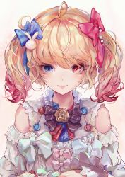 Rule 34 | 1girl, beige background, blonde hair, blue bow, blue eyes, bow, closed mouth, commentary request, detached sleeves, dress, flower, frilled dress, frilled sleeves, frills, gradient background, gradient hair, hair bow, hair ornament, heterochromia, highres, lips, long hair, looking at viewer, mole, mole under eye, multicolored hair, original, pink bow, pink hair, rabbit hair ornament, red eyes, rose, smile, solo, tocope, upper body, white background, white dress, yellow flower, yellow rose