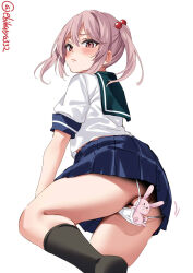 Rule 34 | 1girl, animal, black socks, blue skirt, blush, closed mouth, commentary request, convenient censoring, ebifurya, hair bobbles, hair ornament, highres, japanese clothes, kantai collection, looking at viewer, looking back, one-hour drawing challenge, panties, pink eyes, pink hair, pleated skirt, rabbit, sazanami (kancolle), school uniform, serafuku, short hair, short sleeves, simple background, skirt, socks, solo, twintails, twitter username, underwear, white background, white panties