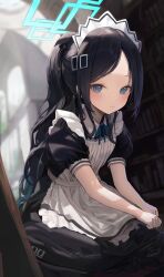 Rule 34 | 1girl, absurdres, apron, aris (blue archive), aris (maid) (blue archive), black dress, black hair, blue archive, blue eyes, blue halo, blurry, blurry background, blush, book, bookshelf, closed mouth, commentary request, dress, ellaje, halo, highres, indoors, looking at viewer, maid apron, maid headdress, official alternate costume, official alternate hairstyle, parted bangs, ponytail, puffy short sleeves, puffy sleeves, short sleeves, solo, too many, too many books, white apron, white headdress