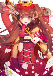 Rule 34 | 1girl, blush, breasts, card, crown, demon girl, flower, gloves, horns, long hair, looking at viewer, original, parted lips, pikatsu, pixiv sample, red eyes, red gloves, solo, staff, twintails