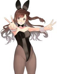 Rule 34 | 1girl, animal ears, bare shoulders, black leotard, blush, breasts, brown eyes, brown hair, brown pantyhose, cleavage, commentary request, detached collar, double v, fake animal ears, highleg, highleg leotard, idolmaster, idolmaster cinderella girls, leotard, long hair, looking at viewer, medium breasts, mibu natsuki, nitta minami, pantyhose, playboy bunny, rabbit ears, shiny clothes, simple background, smile, solo, standing, strapless, strapless leotard, v, white background, wrist cuffs