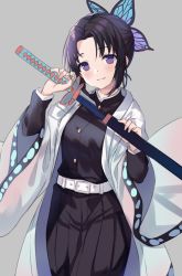Rule 34 | 1girl, belt, belt buckle, black hair, black jacket, black pants, blush, breasts, buckle, butterfly hair ornament, closed mouth, commentary, english commentary, forehead, gradient hair, grey background, hair ornament, hands up, highres, hitsukuya, holding, holding sheath, holding sword, holding weapon, jacket, katana, kimetsu no yaiba, kochou shinobu, long sleeves, looking at viewer, multicolored hair, open clothes, pants, parted bangs, purple eyes, purple hair, sheath, small breasts, smile, solo, sword, unsheathing, weapon, white belt, wide sleeves