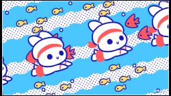 Rule 34 | air bubble, animal, animal focus, animated, animated gif, bubble, clothed animal, dotted background, fish, full body, hat, looping animation, mai narushima, no humans, no nose, original, outstretched arms, rabbit, red shorts, shorts, solid circle eyes, summer, swimming, white hat