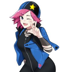 Rule 34 | 1girl, absurdres, beanie, black shirt, blue jacket, breasts, ehebai, fortnite, happy, hat, highres, jacket, looking at viewer, nitebeam (fortnite), open mouth, pink hair, purple eyes, shirt, short hair, simple background, smile, solo, tattoo, white background