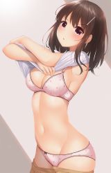 Rule 34 | 1girl, :o, black bow, blush, bow, bow panties, bra, breasts, brown hair, brown skirt, clothes lift, crossed arms, groin, hair ornament, highres, lifted by self, looking at viewer, medium breasts, medium hair, minato ojitan, navel, open mouth, original, panties, pink bra, pink eyes, pink panties, pleated skirt, polka dot, polka dot bra, polka dot panties, shade, shirt, shirt lift, short sleeves, skirt, solo, t-shirt, underwear, undressing, white shirt, x hair ornament
