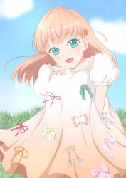 Rule 34 | 1girl, :d, alternate hair length, alternate hairstyle, annotation request, aqua eyes, ariria (nanayuri), blue sky, blurry, blurry background, bow, cloud, collarbone, commentary, crossed bangs, dress, dress bow, dress ribbon, flower, gradient dress, grass, hair flower, hair ornament, hand on own knee, highres, hinoshita kaho, knees up, link! like! love live!, long dress, long hair, looking at viewer, love live!, open mouth, orange dress, orange hair, partially annotated, puffy short sleeves, puffy sleeves, short sleeves, signature, sitting, sky, smile, solo, two side up, virtual youtuber, white dress