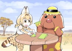 Rule 34 | 10s, 1girl, :d, animal ears, blonde hair, brown eyes, commentary request, crossover, day, dekirukana, elbow gloves, gloves, gonta, hat, high-waist skirt, holding, kemono friends, no nose, open mouth, outdoors, paper, paper airplane, serval (kemono friends), serval print, serval tail, shirt, sketch, skirt, sleeveless, sleeveless shirt, smile, standing, striped tail, table, tail, tree, ueyama michirou, white shirt, yellow hat