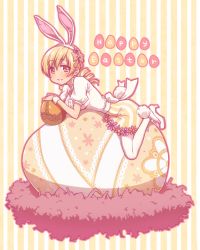 Rule 34 | 10s, 1girl, animal ears, blonde hair, blouse, blush, bow, drill hair, easter, easter egg, egg, fake animal ears, flower, hair bow, hairband, high heels, kazabuki poni, looking at viewer, lying, mahou shoujo madoka magica, mahou shoujo madoka magica (anime), on stomach, pantyhose, puffy sleeves, rabbit ears, rabbit tail, shirt, shoes, skirt, smile, solo, soul gem, striped clothes, striped skirt, tail, tomoe mami, twin drills, white footwear, white pantyhose, white shirt, wrist cuffs, yellow eyes