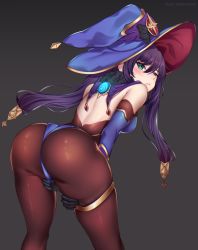 Rule 34 | 1girl, ass, bare shoulders, blush, breasts, detached sleeves, from behind, genshin impact, gloves, green eyes, hair ornament, hat, highres, huge ass, leaning, leaning forward, leotard, long hair, looking at viewer, medium breasts, melusmelon, mona (genshin impact), pantyhose, purple hair, shiny clothes, shiny skin, sideboob, solo, thighlet, twintails, very long hair