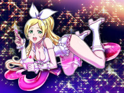 Rule 34 | 10s, 1girl, adapted costume, beamed quavers, blonde hair, boots, breasts, choker, cleavage, crotchet rest, cure rhythm, earrings, eyelashes, flat sign, food, frills, full body, green eyes, hair ribbon, hajime (caramel toone), ice cream, jewelry, knee boots, large breasts, leotard, long hair, magical girl, minamino kanade, musical note, precure, purple background, quaver, ribbon, smile, soft serve, solo, sparkle, spoon, suite precure, white choker, wrist cuffs