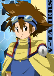 Rule 34 | 1boy, brown hair, cape, digimon, digimon adventure v-tamer 01, looking at viewer, male focus, smile, solo, yagami taichi (digimon adventure v-tamer 01)