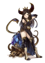 Rule 34 | 10s, 1girl, absurdres, ao (aocooler), arm behind back, arulumaya, bare shoulders, black bow, black dress, black hair, black thighhighs, bow, breasts, brown eyes, cobra (animal), crescent, crescent moon, crystal ball, dress, full body, granblue fantasy, harvin, highres, horns, large breasts, long hair, mole, mole under eye, moon, nail polish, open mouth, pointy ears, shadow, simple background, smile, snake, solo, standing, thighhighs, tortoise, turtle, white background