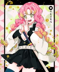 Rule 34 | 1girl, black thighhighs, blush, braid, breasts, cleavage, gradient hair, green eyes, heart, kanroji mitsuri, kimetsu no yaiba, kotoma, looking at viewer, mole, mole under eye, multicolored hair, multiple braids, open clothes, open mouth, open shirt, pink hair, pleated skirt, skirt, solo, sword, teeth, thighhighs, thighs, unbuttoned, uniform, weapon