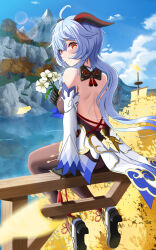 Rule 34 | 1girl, absurdres, ahoge, backless outfit, bare back, bare shoulders, black gloves, black pantyhose, blue hair, blue sky, blush, breasts, cloud, commentary request, day, detached sleeves, eating flower, flower, from behind, ganyu (genshin impact), genshin impact, gloves, hair between eyes, highres, holding, holding flower, horns, long hair, long sleeves, looking at viewer, looking back, medium breasts, mountain, ocean, orange eyes, outdoors, pantyhose, qingxin flower, s redbutterfly, shoes, sitting, skirt, sky, solo, very long hair, water, white flower, white skirt
