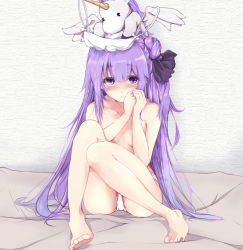 Rule 34 | 1girl, azur lane, barefoot, black ribbon, blush, breasts, closed mouth, collarbone, commentary request, convenient arm, hair between eyes, hair bun, hair ribbon, hands up, long hair, looking at viewer, nose blush, one side up, panties, purple eyes, purple hair, ribbon, rizzl, side bun, single hair bun, single side bun, sitting, small breasts, solo, stuffed animal, stuffed pegasus, stuffed toy, stuffed unicorn, stuffed winged unicorn, topless, underwear, underwear only, unicorn (azur lane), very long hair, white panties