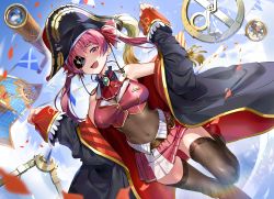 Rule 34 | 1girl, absurdres, arrow through heart, bare shoulders, breasts, cleavage, covered navel, day, eyepatch, fang, hair ornament, hat, highres, hololive, houshou marine, leotard, leotard under clothes, looking at viewer, miniskirt, outdoors, pink hair, pirate hat, red eyes, see-through, see-through cleavage, see-through leotard, skin fang, skirt, sky, solo, ssamjang (misosan), thighhighs, virtual youtuber