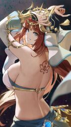 Rule 34 | 1girl, absurdres, aqua eyes, arms up, artist name, back, back tattoo, blue nails, breasts, circlet, commentary, dancer, dark background, detached sleeves, fake horns, from behind, genshin impact, harem outfit, highres, horns, jewelry, ki-16, large breasts, long hair, looking at viewer, looking back, nilou (genshin impact), parted lips, red hair, sideboob, simple background, smile, solo, tattoo, twintails, vision (genshin impact), white sleeves, white veil