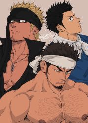Rule 34 | 3boys, bara, body hair, chest hair, chun (luxtan), facial hair, headband, highres, jewelry, large pectorals, looking at viewer, male focus, manly, multiple boys, muscular, necklace, nipples, original, pectorals, serious, topless male, short hair, sideburns, simple background, spiked hair, stubble, upper body