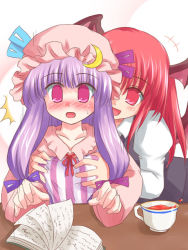 Rule 34 | 2girls, breasts, embodiment of scarlet devil, female focus, grabbing, grabbing another&#039;s breast, head wings, koakuma, multiple girls, patchouli knowledge, ry (yagoyago), small breasts, touhou, wings, yuri