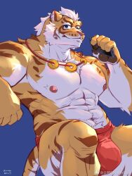 Rule 34 | 1boy, abs, armpits, bara, blissrooster, briefs, bulge, character request, feet out of frame, from below, furry, furry male, gyee, highres, holding, holding phone, invisible chair, large pectorals, looking ahead, male focus, male underwear, mature male, muscular, muscular male, navel, navel hair, nipples, pectorals, phone, red male underwear, short hair, sitting, solo, stomach, strongman waist, thick eyebrows, tiger boy, topless male, underwear