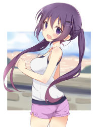 Rule 34 | 1girl, alternate costume, ass, bare arms, bare shoulders, blue sky, blush, border, breasts, brick wall, clenched hand, cowboy shot, day, dog tags, from behind, gochuumon wa usagi desu ka?, hair between eyes, hair ornament, hairclip, highres, itamochi, jewelry, long hair, looking at viewer, medium breasts, necklace, open mouth, pantylines, purple eyes, purple hair, purple shorts, shirt, short shorts, shorts, sidelocks, sky, sleeveless, smile, solo, standing, sweat, tank top, tedeza rize, twintails, twisted torso, very long hair, water, white border, white shirt