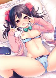 Rule 34 | 10s, 1girl, :d, \m/, ayuma sayu, black hair, blue bra, blue panties, blush, bow, bow bra, bow panties, bra, bra pull, breasts, cleft of venus, clothes pull, cum, frilled pillow, frills, hair bow, looking at viewer, love live!, love live! school idol project, lying, nipples, on back, open mouth, panties, pillow, pink eyes, saliva, school uniform, short hair, smile, solo, spread legs, twintails, underwear, yazawa nico