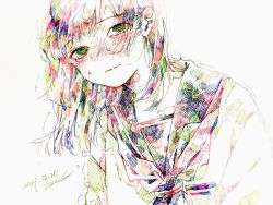 Rule 34 | 1girl, absurdres, blush, colorful, dated, eyes visible through hair, green eyes, hatching (texture), highres, neckerchief, original, sailor collar, signature, simple background, solo, tears, upper body, watanabe tomari, white background
