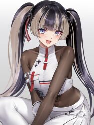 Rule 34 | 1girl, absurdres, armlet, black hair, blue eyes, blunt bangs, blush, bodystocking, fangs, grey hair, hair ornament, highres, holika baby, hololive, hololive dev is, juufuutei raden, long hair, looking at viewer, multicolored hair, open mouth, shiny clothes, sitting, smile, solo, streaked hair, twintails, two-tone hair, very long hair, virtual youtuber, white background