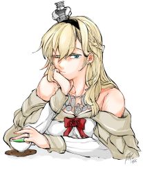 Rule 34 | 1girl, black hairband, blonde hair, blue eyes, braid, closed mouth, collarbone, crown, cup, dated, dress, ear piercing, flower, french braid, green tea, hair between eyes, hairband, highres, jewelry, kantai collection, long hair, long sleeves, mini crown, necklace, off-shoulder dress, off shoulder, one eye closed, piercing, red flower, red ribbon, red rose, ribbon, rose, signature, simple background, solo, tea, warspite (kancolle), white background, white dress, yamada rei (rou)