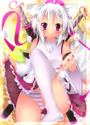 Rule 34 | 1girl, adapted costume, alternate color, alternate weapon, alza, animal ears, bad id, bad pixiv id, blush, clothes lift, detached sleeves, female focus, inubashiri momiji, katana, leg up, outstretched hand, panties, pink eyes, pink panties, shirt, short hair, silver hair, skirt, skirt lift, skirt set, smile, solo, striped clothes, striped panties, sword, tail, thighhighs, touhou, underwear, upskirt, weapon, white thighhighs, wolf ears, wolf tail, zettai ryouiki
