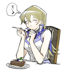 Rule 34 | 1girl, 203wolves, blue sailor collar, blush, cake, closed eyes, closed mouth, duel academy uniform (yu-gi-oh! gx), eating, food, fork, graphite (medium), hair between eyes, highres, holding, holding fork, jacket, light brown hair, long hair, musical note, sailor collar, simple background, sitting, sketch, sleeveless, sleeveless jacket, smile, solo, straight hair, tenjouin asuka, thought bubble, traditional media, turtleneck, upper body, very long hair, white background, white jacket, yu-gi-oh!, yu-gi-oh! gx