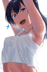Rule 34 | 1girl, armpit focus, armpits, arms up, black hair, blue eyes, breasts, commentary, dark-skinned female, dark skin, english commentary, heart, highres, long hair, looking at viewer, okpriko, open mouth, original, shirt, simple background, small breasts, solo, sweat, teeth, thai girl (okpriko), upper body, upper teeth only, white background, white shirt