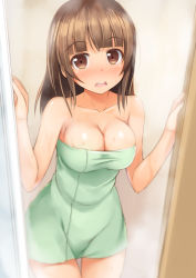 Rule 34 | 1girl, :d, bare arms, bare shoulders, blunt bangs, blush, breasts, cleavage, closed eyes, collarbone, commentary request, cowboy shot, door, highres, indoors, kageira, long hair, medium breasts, naked towel, nose blush, open door, open mouth, original, round teeth, shiny skin, smile, solo, standing, steam, tareme, teeth, thigh gap, towel, water