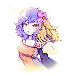 Rule 34 | 1girl, absurdres, blue hair, breasts, brown eyes, collarbone, flower, grey background, hair flower, hair ornament, highres, jacket, league of legends, long sleeves, looking at viewer, medium breasts, multicolored hair, neeko (league of legends), open clothes, open jacket, park ogre, pink flower, simple background, smile, solo, star (symbol), tongue, tongue out, vastaya, yellow eyes