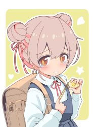 Rule 34 | 1girl, aged down, backpack, bag, border, brown eyes, child, commentary, crime prevention buzzer, double bun, frown, hair between eyes, hair bun, hair ribbon, heart, highres, light blush, long sleeves, looking at viewer, neck ribbon, onii-chan wa oshimai!, outline, outside border, overall skirt, oyama mahiro, pink hair, randoseru, red ribbon, ribbon, shirt, shukusei!! loli-gami requiem, simple background, solo, star (symbol), tearing up, unkimo, upper body, white border, white outline, white shirt, wing collar, yellow background