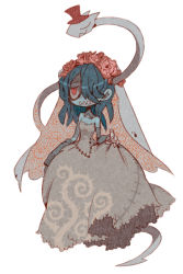 Rule 34 | 1girl, bare shoulders, blue hair, blue skin, bridal veil, colored skin, detached collar, detached sleeves, dress, hair over one eye, hat, leviathan (skullgirls), long hair, red eyes, skullgirls, solo, squigly (skullgirls), stitched mouth, stitches, top hat, veil, wedding dress, yamada9000, zombie