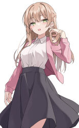 Rule 34 | 100percent park, 1girl, absurdres, black skirt, blush, breasts, collared shirt, commentary request, commission, dress shirt, green eyes, half updo, highres, jacket, light brown hair, long hair, long sleeves, looking at viewer, medium breasts, open clothes, open jacket, open mouth, pink jacket, pixiv commission, saeki sayaka, shirt, simple background, skirt, sleeves past wrists, solo, white background, white shirt, yagate kimi ni naru