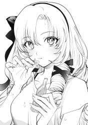 Rule 34 | 1girl, blush, bottle, bra strap, breasts, candy, closed mouth, collarbone, drill hair, drill sidelocks, food, greyscale, hagyouayumu, hair ribbon, hairband, hands up, highres, holding, holding bottle, hyakumantenbara salome, long hair, looking at viewer, monochrome, nijisanji, parted bangs, ribbon, shirt, short sleeves, sidelocks, simple background, solo, star (symbol), star in eye, sweat, symbol in eye, twin drills, virtual youtuber, white background