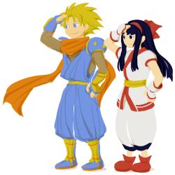Rule 34 | 1boy, 1girl, ainu clothes, blonde hair, blue eyes, blue hair, breasts, fingerless gloves, galford d weller, gloves, hair ribbon, hand on own hip, height difference, highres, japanese clothes, legs, long hair, nakoruru, ninja, open mouth, pants, pointy hair, ribbon, samurai spirits, scarf, small breasts, smile, snk, the king of fighters, thighs