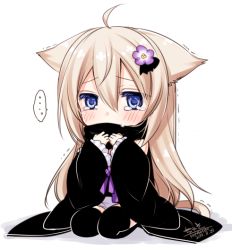 Rule 34 | ..., 1girl, ahoge, animal ears, black scarf, black thighhighs, blonde hair, blue eyes, blush, cat ears, cat tail, chibi, commentary request, covered mouth, dated, detached sleeves, flower, hair flower, hair ornament, konshin, long hair, long sleeves, looking at viewer, original, scarf, seiza, signature, sitting, solo, spoken ellipsis, tail, tears, thighhighs