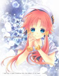 Rule 34 | 00s, 1girl, aria (manga), bad id, bad pixiv id, beret, blouse, blue eyes, bracelet, bubble, english text, hat, highres, jewelry, maryquant, merry christmas, mizunashi akari, own hands clasped, own hands together, pink hair, shirt, short hair with long locks, smile, solo, white shirt