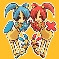 Rule 34 | 2girls, blue eyes, blue hair, blush, blush stickers, boots, cat&#039;s cradle, cosplay, creatures (company), game freak, gen 3 pokemon, gloves, hitec, minun, moemon, multiple girls, nintendo, personification, plusle, pokemon, pokemon rse, red eyes, red hair, siblings, simple background, sisters, thigh boots, thighhighs, twins, twintails, yellow background
