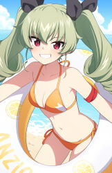 Rule 34 | 1girl, anchovy (girls und panzer), arm strap, bare shoulders, beach, bikini, black ribbon, blue sky, breasts, bright pupils, child (isoliya), cleavage, cloud, collarbone, commentary, day, drill hair, girls und panzer, green hair, grin, hair between eyes, hair ribbon, halterneck, highres, innertube, leaning forward, light blush, long hair, looking at viewer, medium breasts, navel, ocean, orange bikini, outdoors, red eyes, ribbon, shore, side-tie bikini bottom, sky, smile, solo, stomach, string bikini, swim ring, swimsuit, symbol-only commentary, twin drills, twintails, water, white pupils