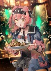 Rule 34 | 1girl, absurdres, animal ears, arknights, black hairband, black skirt, blue bow, blue jacket, blurry, blurry background, bow, braid, cat ears, commentary request, depth of field, food, food request, frilled skirt, frills, goldenglow (arknights), hair bow, hair over shoulder, hairband, highres, holding, holding tray, indoors, jacket, lightning bolt print, long hair, long sleeves, open clothes, open jacket, open mouth, pink hair, print hairband, puffy long sleeves, puffy sleeves, shirt, single braid, skirt, solo focus, tray, welt (kinsei koutenkyoku), white shirt, yellow eyes