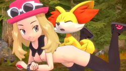 Rule 34 | 1boy, 1girl, 3d, animal, animated, bestiality, black leggings, black thighhighs, blonde hair, breasts, closed eyes, creatures (company), devilscry, fennekin, forest, fox, game freak, gen 6 pokemon, glasses, hat, interspecies, leggings, lying, nature, nintendo, nipples, open mouth, outdoors, outdoors sex, pokemon, pokemon xy, serena (pokemon), shoes, size difference, smile, thighhighs, video