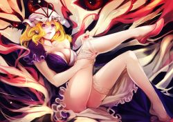Rule 34 | 1girl, blonde hair, bow, breasts, cleavage, collarbone, dress, earrings, female focus, frilled dress, frills, hat, hat bow, high heels, highres, jewelry, kalalasan, large breasts, lips, long hair, looking at viewer, off shoulder, parted lips, purple eyes, red eyes, solo, thighhighs, thighhighs pull, thighs, touhou, white thighhighs, yakumo yukari