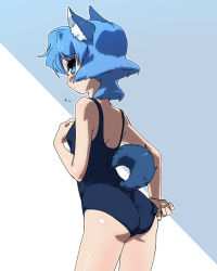 Rule 34 | 1girl, adjusting clothes, adjusting swimsuit, animal ears, bad id, bad pixiv id, blue eyes, blue hair, blush, matching hair/eyes, one-piece swimsuit, original, school swimsuit, short hair, solo, swimsuit, tail, tonbi