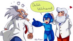 Rule 34 | 3boys, :d, android, anger vein, angry, ayla kazemi, bald, balding, beard, blue bodysuit, blue eyes, blue helmet, blush, bodysuit, clenched teeth, closed eyes, closed mouth, dr. light (mega man), dr. wily (mega man), english text, facial hair, grey hair, headpat, heart, helmet, lab coat, male focus, mega man (character), mega man (classic), mega man (series), mega man 8, multiple boys, mustache, necktie, old, old man, open mouth, pants, pointing, pointing at another, polka dot neckwear, red neckwear, red pants, signature, simple background, smile, speech bubble, teeth, transparent background, white hair